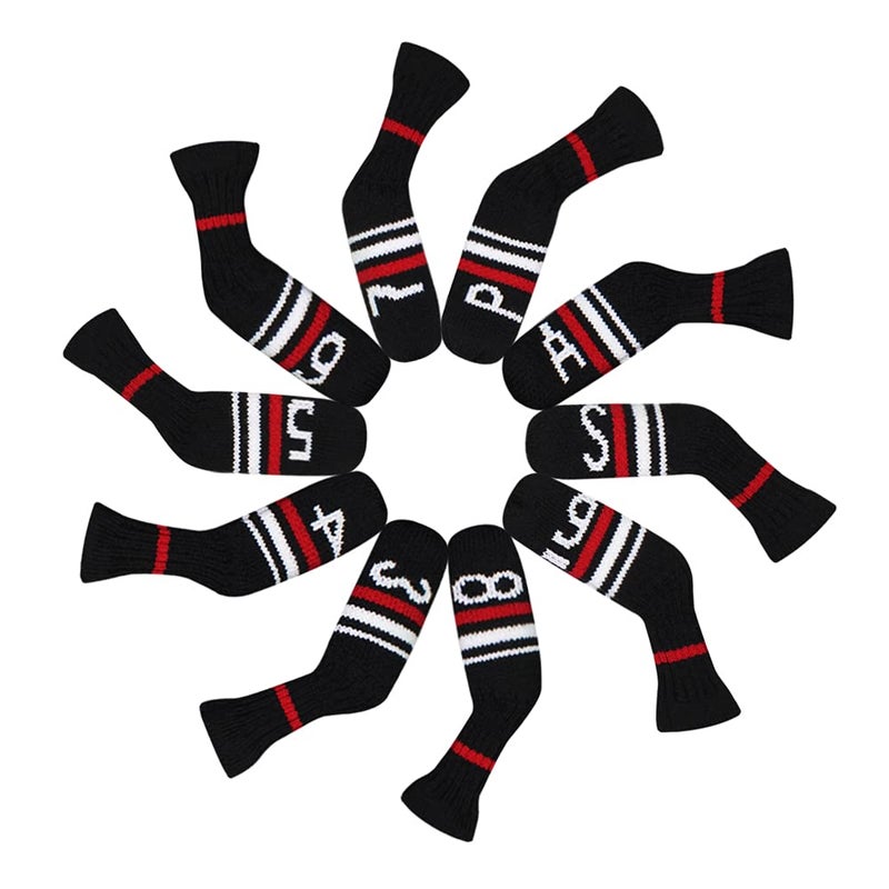 Scott Edward Black Red White Warning Iron Covers,Set of 10 PCS, Adorable and Basically Socks Shape,Washable & Durable Golf Club Head Protector (Black Red White Warning Stripes) - Image 2